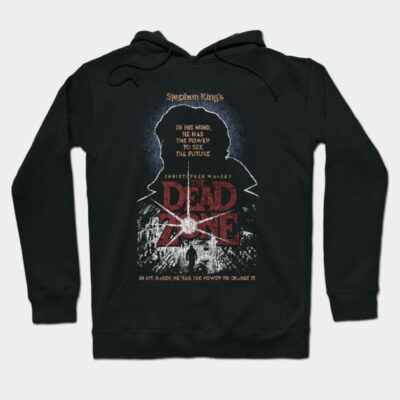 Black hoodie featuring "The Dead Zone" graphic print, Stephen King theme, cozy cotton blend, casual wear.