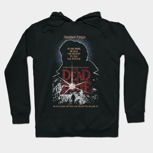 Black hoodie featuring "The Dead Zone" graphic print, Stephen King theme, cozy cotton blend, casual wear.