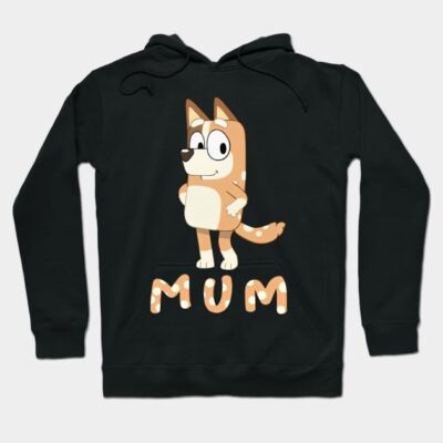 Black hoodie with cartoon dog design and "MUM" text, perfect for casual wear.