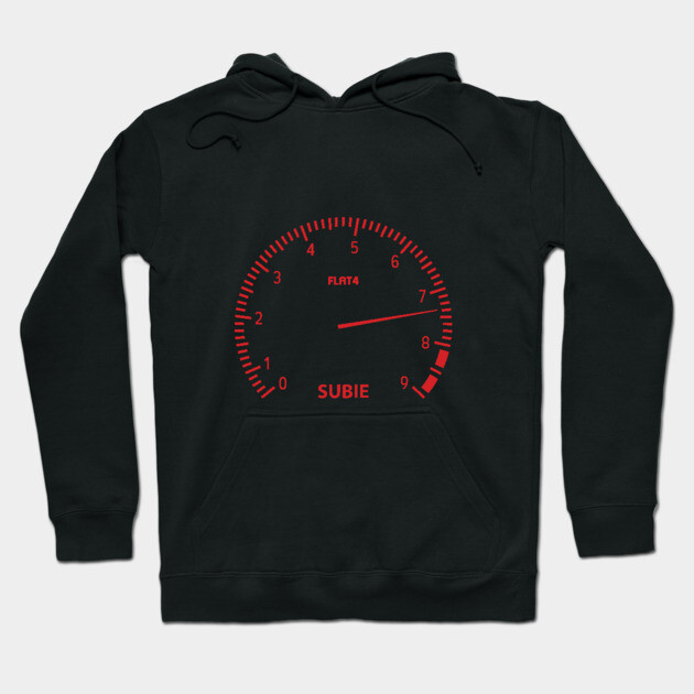 Black hoodie with red speedometer design, comfortable casual wear, cotton blend, perfect for car enthusiasts.