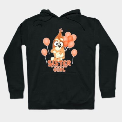 Black hoodie with cartoon dog, party hat, and balloons design, "Sister of the Birthday Girl" text, casual wear.