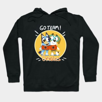 Black hoodie with colorful cartoon design, "Go Team Orioles" text, ideal for casual wear, soft cotton material.