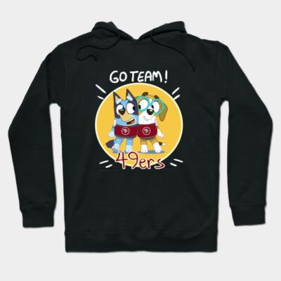 Black hoodie with cute cartoon dogs, "Go Team!" text, and "49ers" design. Perfect for casual wear and team support.
