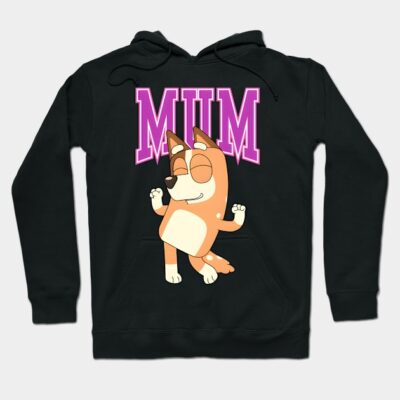 Black hoodie with cartoon dog print and "Mum" text in pink, cozy fleece, ideal for casual wear or gifting.