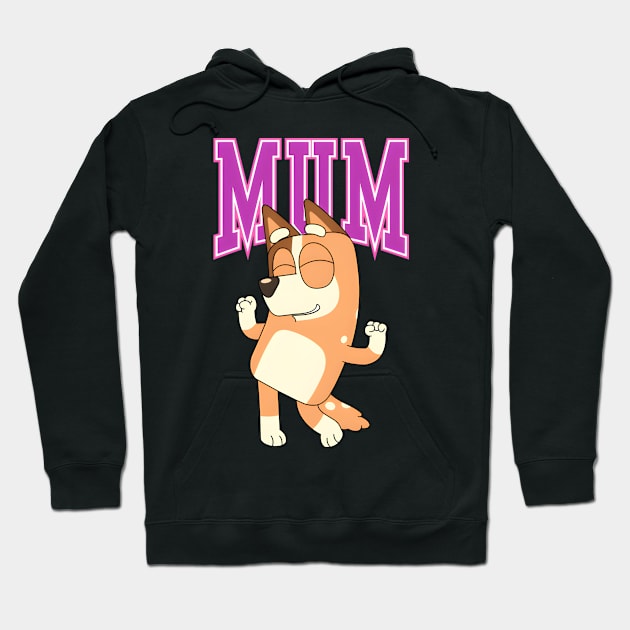 Black hoodie with cartoon dog print and "Mum" text in pink, cozy fleece, ideal for casual wear or gifting.