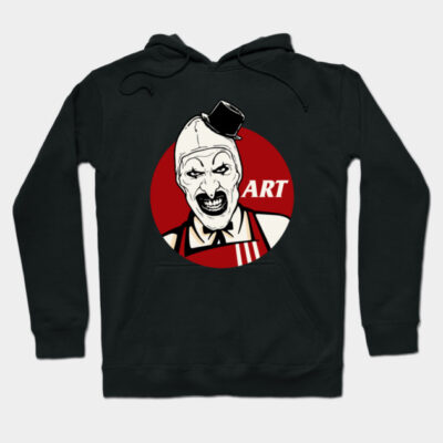 Black graphic hoodie with unique red and white art design, cotton blend, casual wear, unisex style.