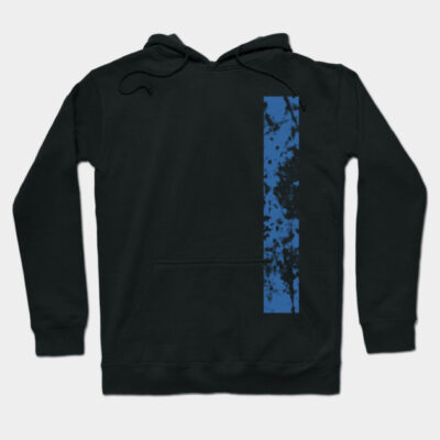 Black hoodie with abstract blue stripe design, long sleeves, drawstring hood, perfect for casual wear, cotton blend material.