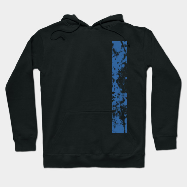 Black hoodie with abstract blue stripe design, long sleeves, drawstring hood, perfect for casual wear, cotton blend material.