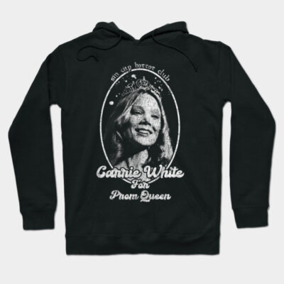 Black hoodie with vintage graphic print, featuring "Carrie White for Prom Queen" text, casual style, cotton blend.