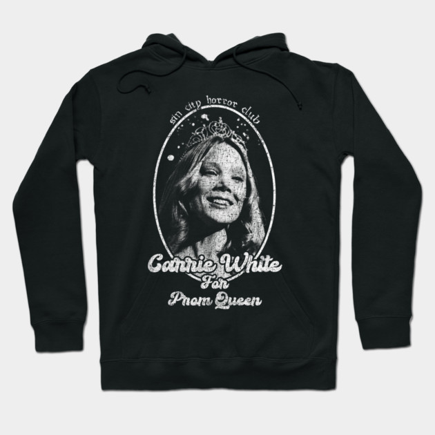 Black hoodie with vintage graphic print, featuring "Carrie White for Prom Queen" text, casual style, cotton blend.