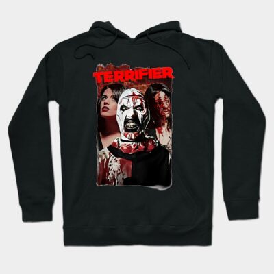 Black horror-themed hoodie with graphic design, featuring bold red text and scary imagery, perfect for Halloween or casual wear.