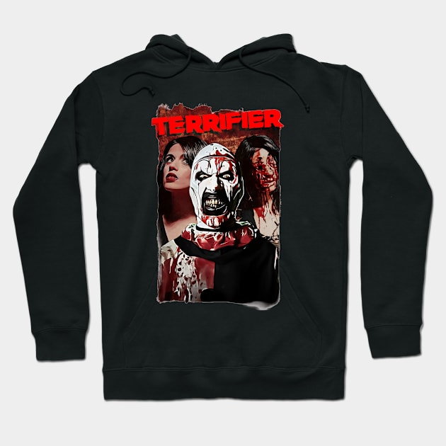 Black horror-themed hoodie with graphic design, featuring bold red text and scary imagery, perfect for Halloween or casual wear.