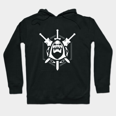 Black graphic hoodie with bold, white medieval skull and swords design, perfect for casual wear or themed events.