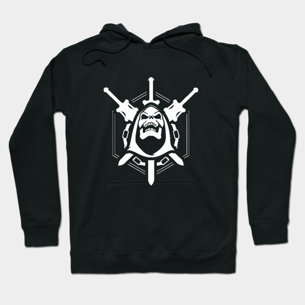 Black graphic hoodie with bold, white medieval skull and swords design, perfect for casual wear or themed events.