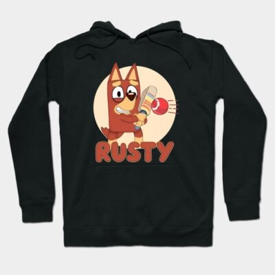 Black hoodie with a playful cartoon dog holding a cricket bat, featuring "Rusty" text. Casual wear, soft material.