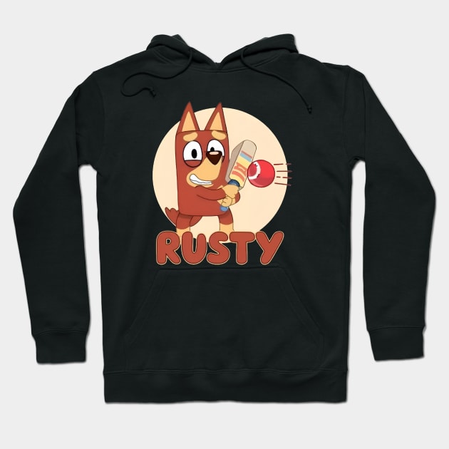 Black hoodie with a playful cartoon dog holding a cricket bat, featuring "Rusty" text. Casual wear, soft material.
