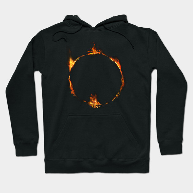 Black hoodie with fiery circle design, perfect for casual wear, made from cozy cotton blend material.