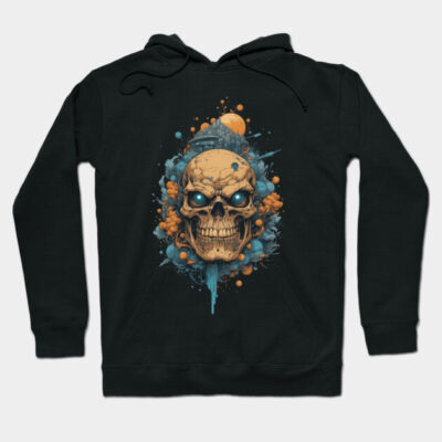 Black hoodie with vibrant skull graphic, cosmic design, cotton material, casual streetwear style.