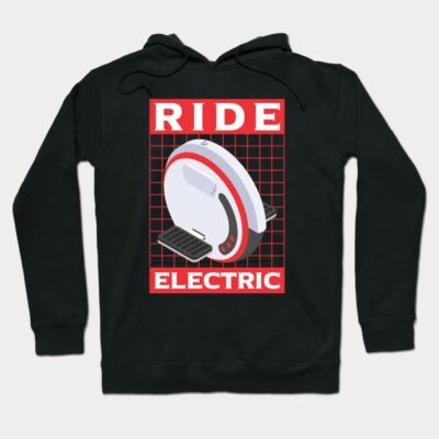 Black hoodie with "Ride Electric" design, featuring a unicycle graphic. Casual style, perfect for eco-friendly enthusiasts.