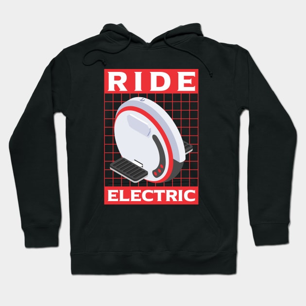 Black hoodie with "Ride Electric" design, featuring a unicycle graphic. Casual style, perfect for eco-friendly enthusiasts.