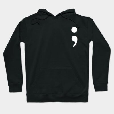 Black hoodie with white semicolon design, casual style, cotton material, perfect for everyday wear.