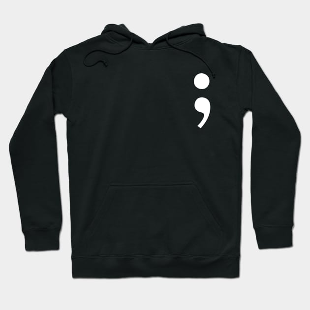 Black hoodie with white semicolon design, casual style, cotton material, perfect for everyday wear.
