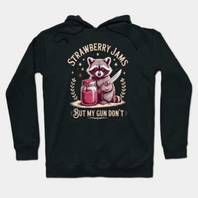 Black hoodie with playful raccoon design, featuring strawberry jam jar and text, casual and cozy cotton blend.