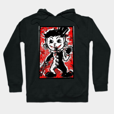 Black hoodie with bold graphic design featuring cartoon character on red background, perfect for casual streetwear style.