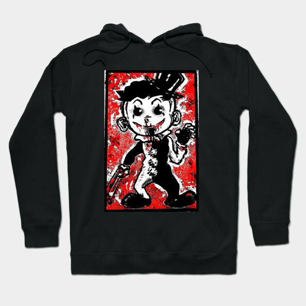 Black hoodie with bold graphic design featuring cartoon character on red background, perfect for casual streetwear style.
