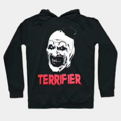 Black hoodie with horror-themed graphic and "Terrifier" text in red, perfect for Halloween or casual wear.