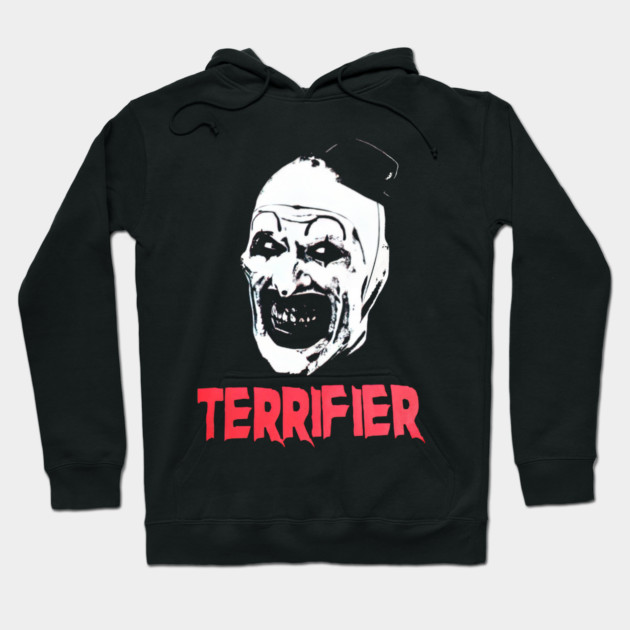 Black hoodie with horror-themed graphic and "Terrifier" text in red, perfect for Halloween or casual wear.