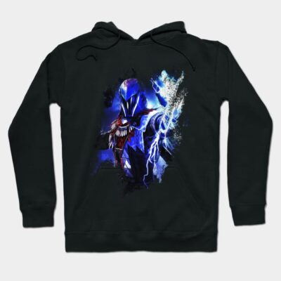 Black hoodie with vibrant blue armored character design, featuring electric effects, perfect for casual wear and gifting.
