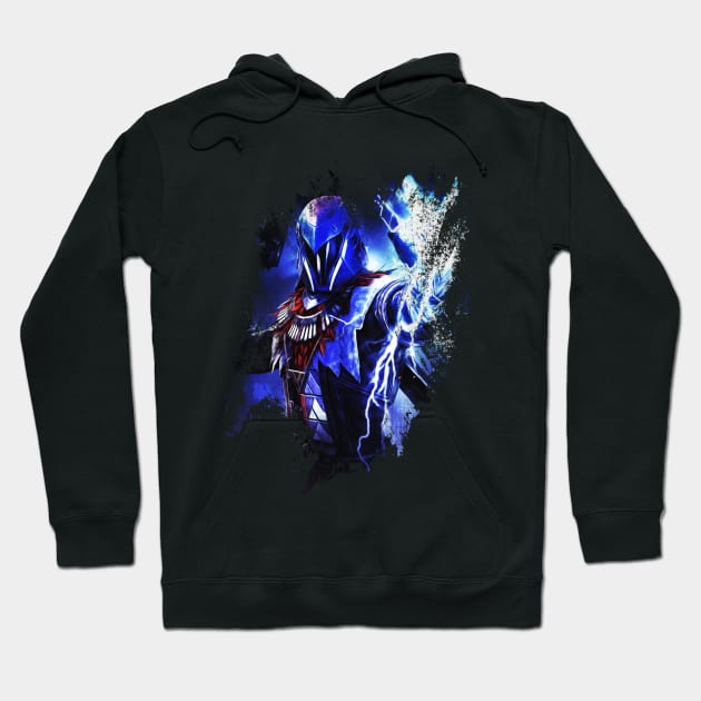 Black hoodie with vibrant blue armored character design, featuring electric effects, perfect for casual wear and gifting.