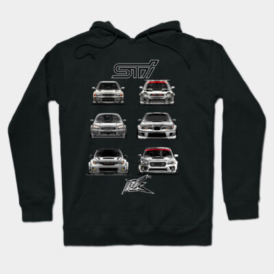 Black hoodie with car graphics, featuring multiple models, sporty design, cotton blend, ideal for casual wear.