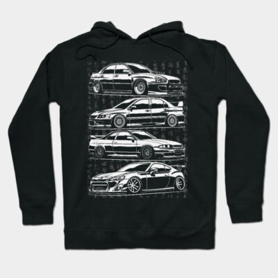 Black hoodie with white car illustrations, featuring classic sports car designs, perfect for casual wear and car enthusiasts.