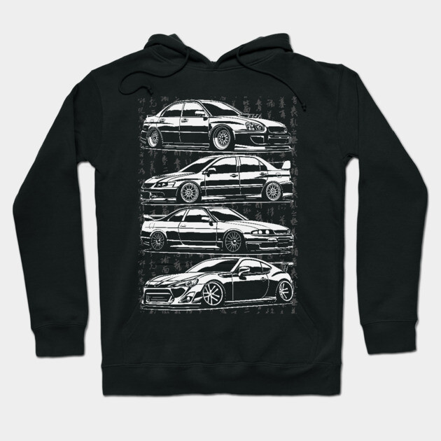 Black hoodie with white car illustrations, featuring classic sports car designs, perfect for casual wear and car enthusiasts.