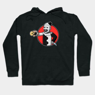 Black hoodie with a clown graphic, featuring bold red and white colors, perfect for casual wear and themed events.
