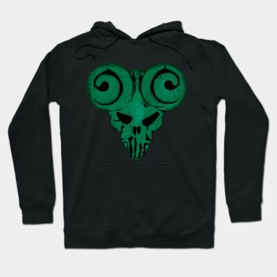 Black hoodie with green ram skull design, perfect for casual wear, made from soft cotton blend.