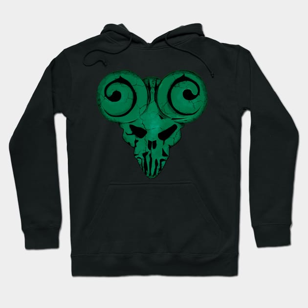 Black hoodie with green ram skull design, perfect for casual wear, made from soft cotton blend.