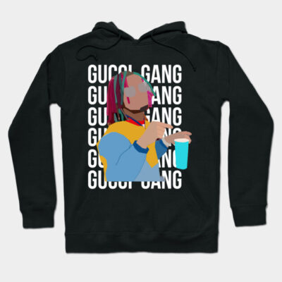 Black hoodie with colorful graphic design and "Gucci Gang" text, casual streetwear style, cotton material.