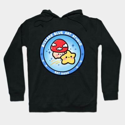 Black hoodie with whimsical cartoon design, featuring a red mushroom and yellow star. Cozy and stylish casual wear.