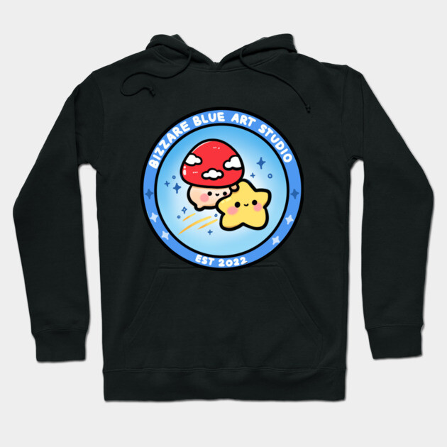 Black hoodie with whimsical cartoon design, featuring a red mushroom and yellow star. Cozy and stylish casual wear.