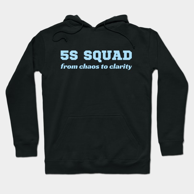 Black hoodie featuring "5S Squad" text in blue, made from soft cotton, ideal for casual wear and comfort.