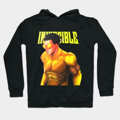 Black hoodie with vibrant graphic print of a superhero in yellow suit, perfect for casual wear and fans of comics.