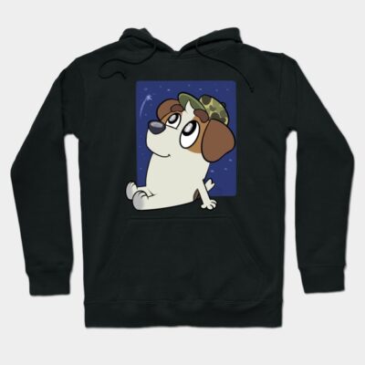 Black hoodie with cartoon dog design, featuring a camo hat, perfect for casual wear and made from soft cotton blend.