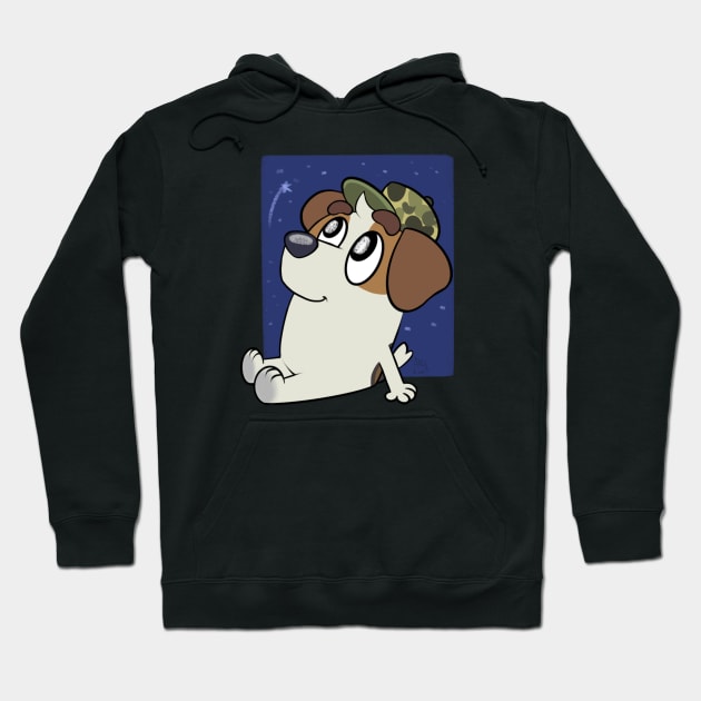 Black hoodie with cartoon dog design, featuring a camo hat, perfect for casual wear and made from soft cotton blend.