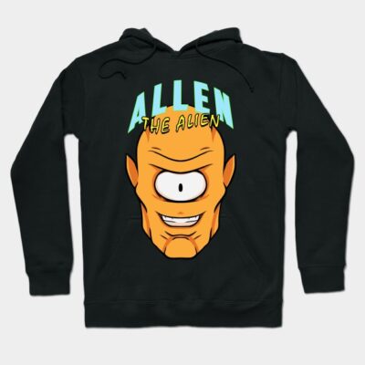 Black hoodie with colorful cartoon alien design, featuring text "Allen the Alien." Perfect for casual wear.
