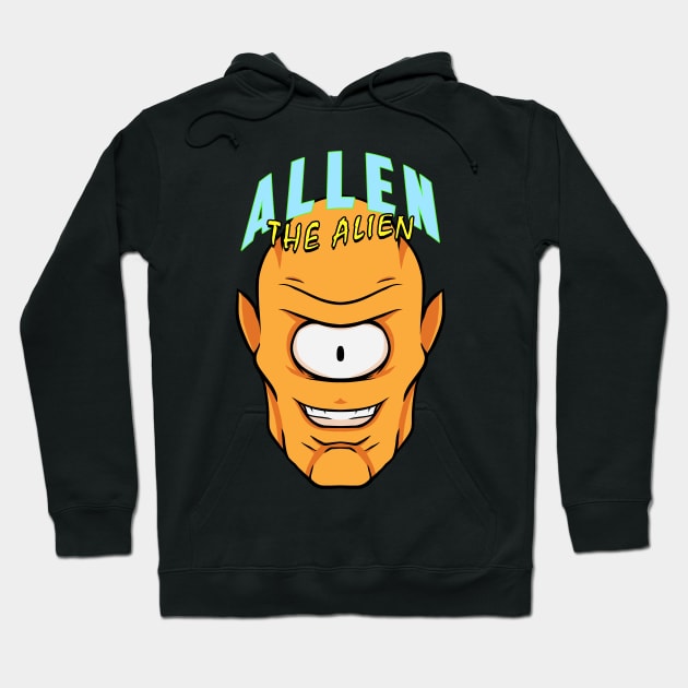 Black hoodie with colorful cartoon alien design, featuring text "Allen the Alien." Perfect for casual wear.