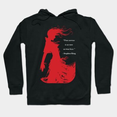 Black hoodie with red silhouette graphic and quote. Comfortable cotton blend, perfect for casual wear.