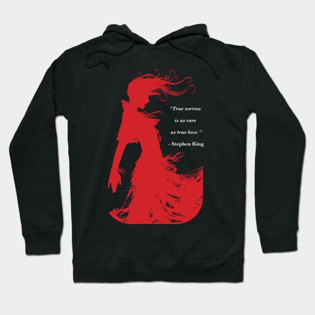 Black hoodie with red silhouette graphic and quote. Comfortable cotton blend, perfect for casual wear.